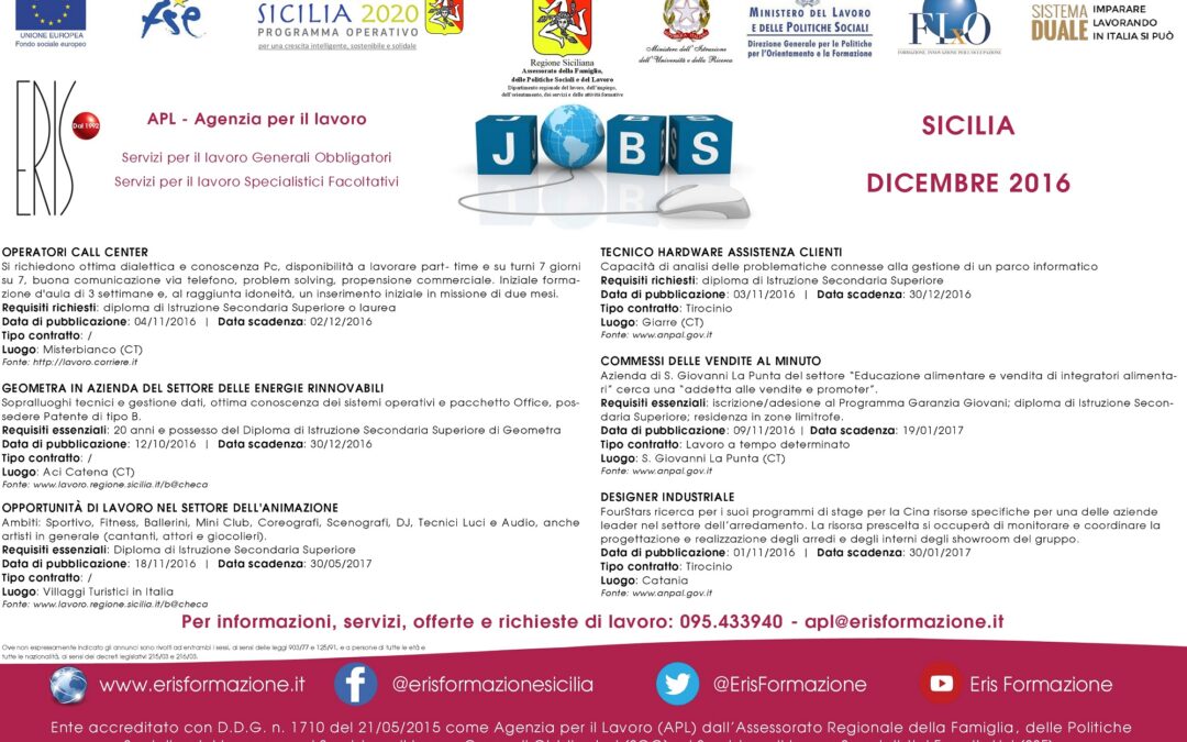 Offerte di lavoro – dicembre 2016