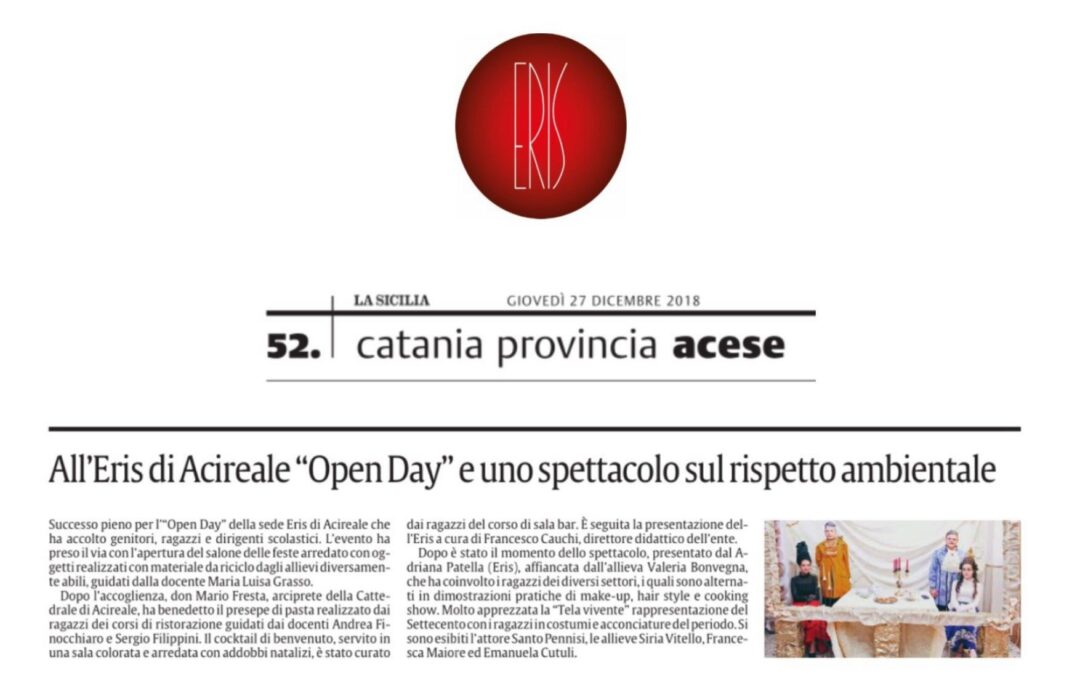 Rassegna stampa: Open Day presso la sede di Acireale su La Sicilia 27 dicembre 2018