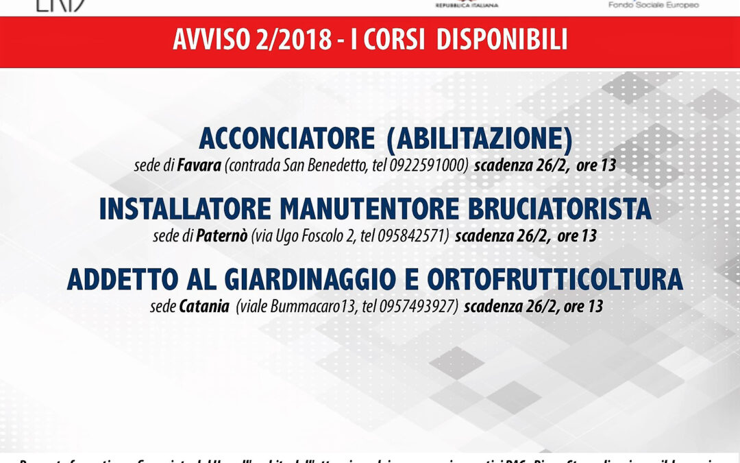 Avviso 2/2018 – I corsi attivi, i posti disponibili e le sedi